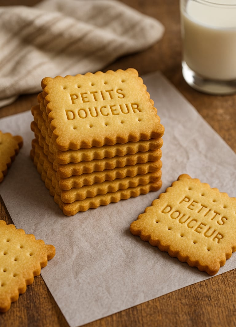 a stack of biscuits on a napkin with a glass of milk