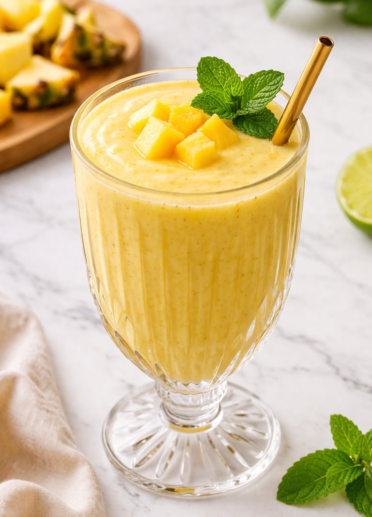 Creamy pineapple mango smoothie in a textured glass with mint garnish and fresh fruit cubes on top, 