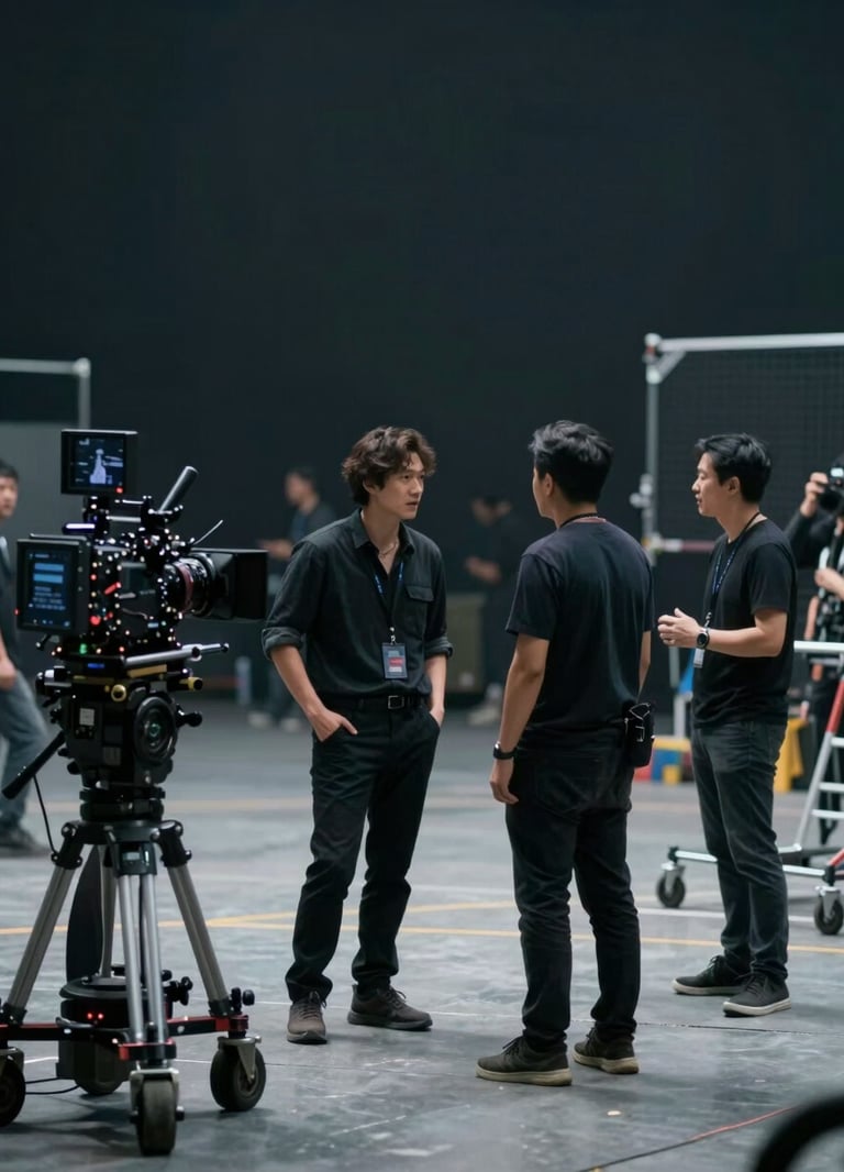 Wide shot of a professional film set with actors in conversation, cameras on dollies, high production value, artistic composition, subtle inclusion of #0B1E22 tones.