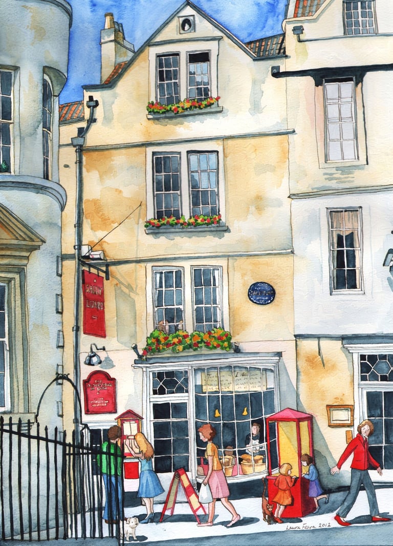A colourful painting by Laura Fearn of Sally Lunn's House in Bath.