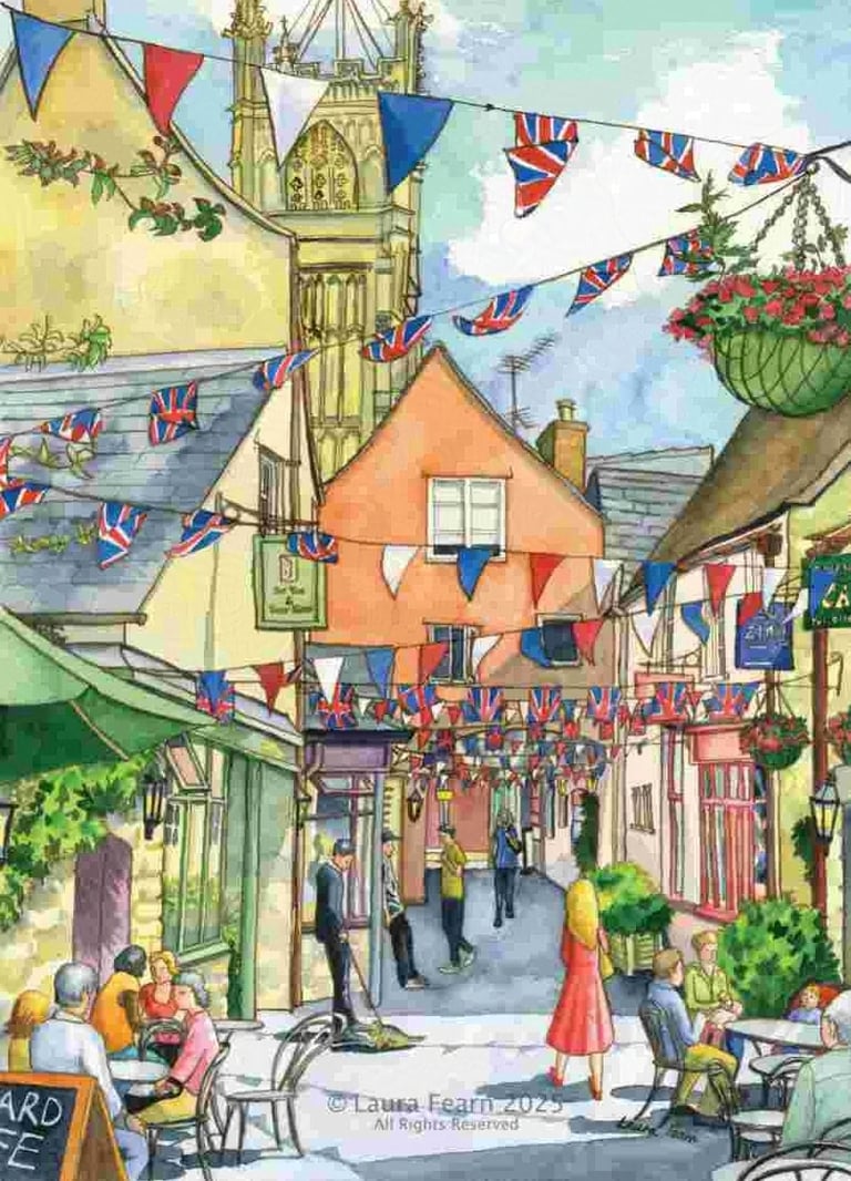 A bright colourful painting of Swan Yard in Cirencester with jolly bunting, painted by Laura Fearn.
