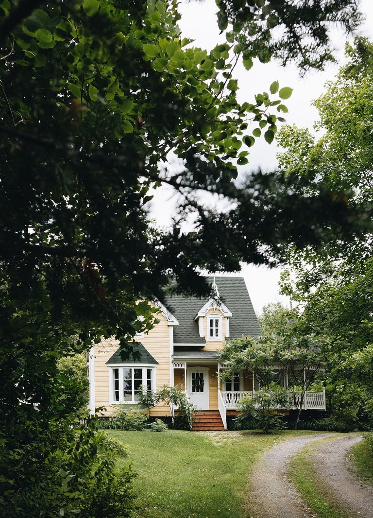 a country yellow house inspired by Victorian era, surround by foredst, with a driveway