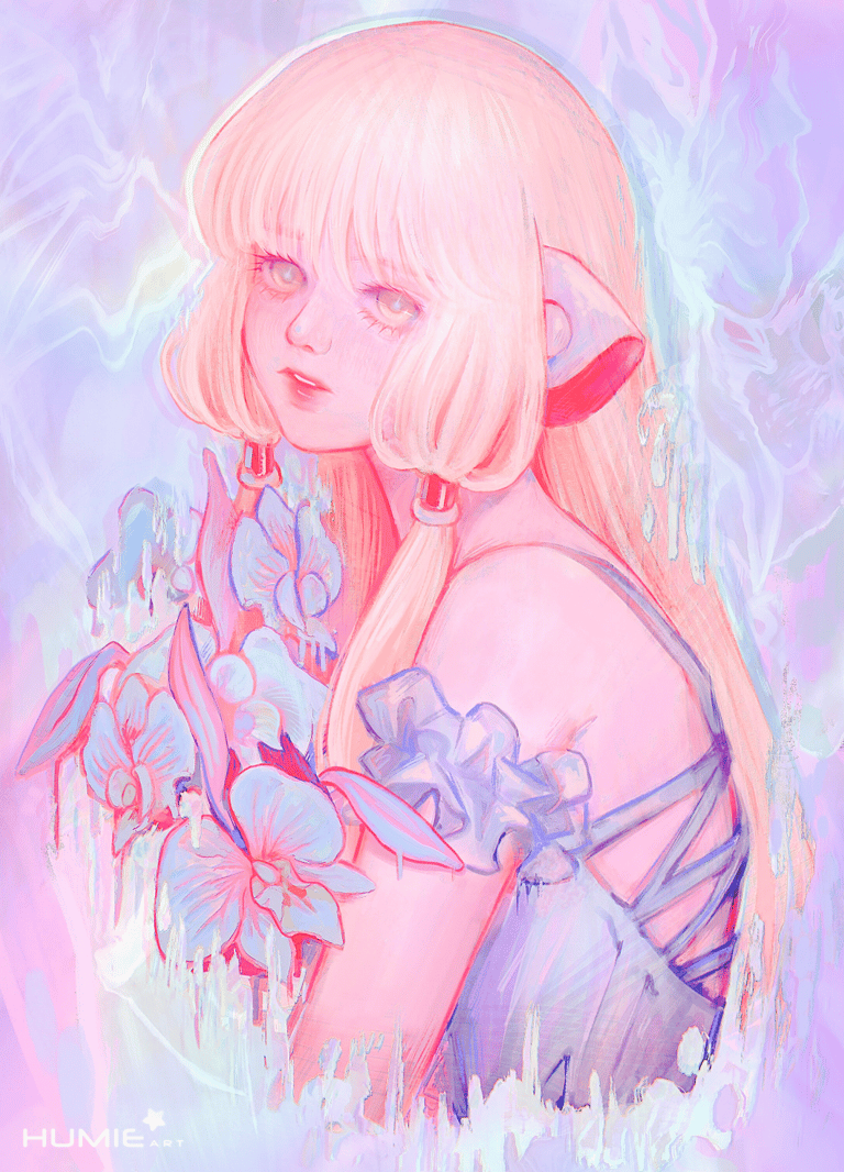 Dreamy portrait with painterly texture, pastel palette, elegant bucket of lilies and a dozing look.