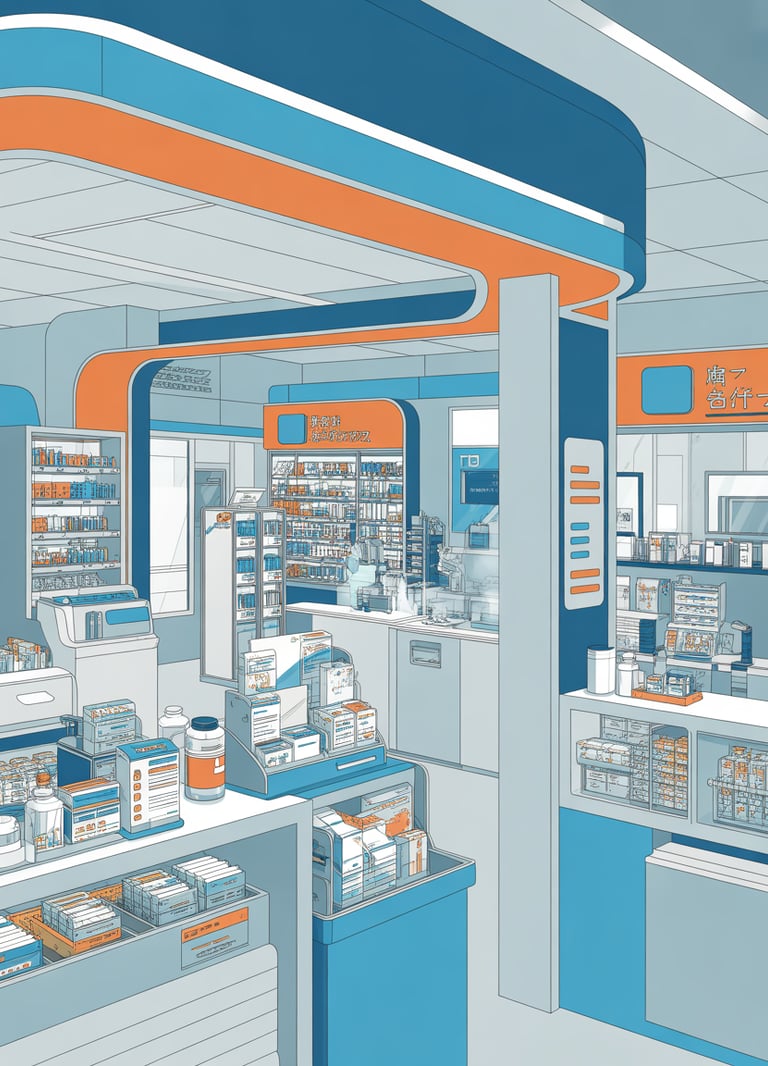 a medical office with a variety of products and medications in the room.