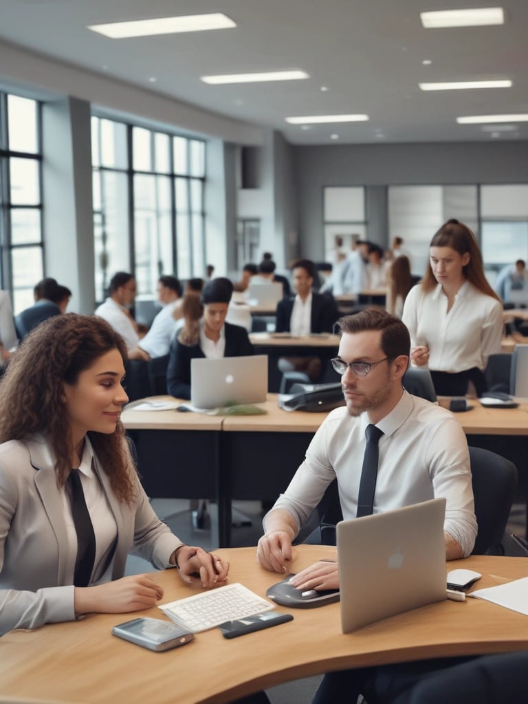 A modern workspace with a team collaborating over laptops and digital sketches, reflecting creativity and technology.