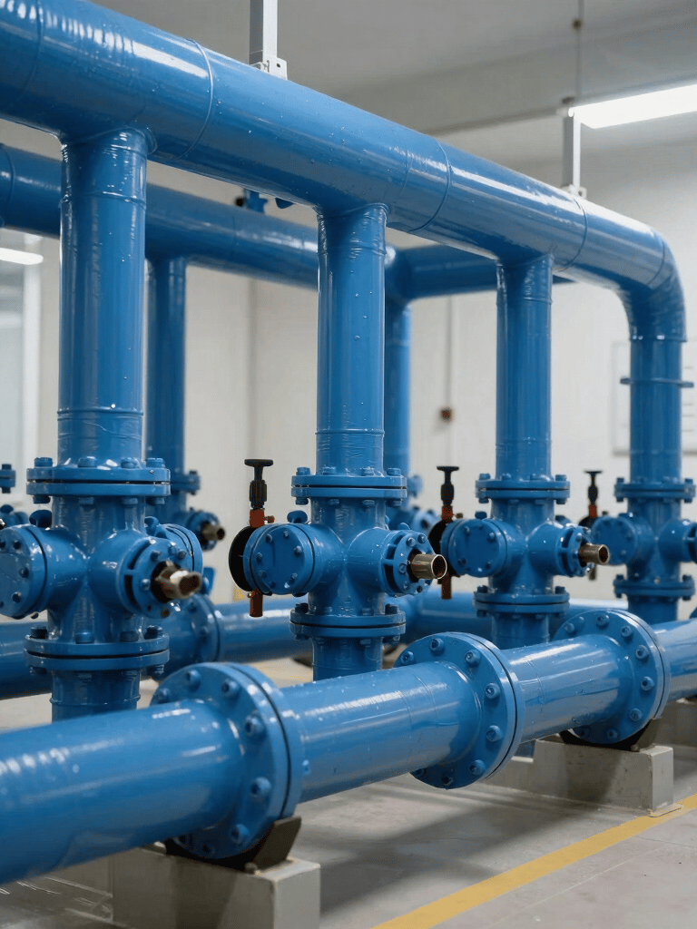 An engineered commercial water distribution system in a brightly lit technical utility room, showcasing clean blue insulation on pipes and manifolds.