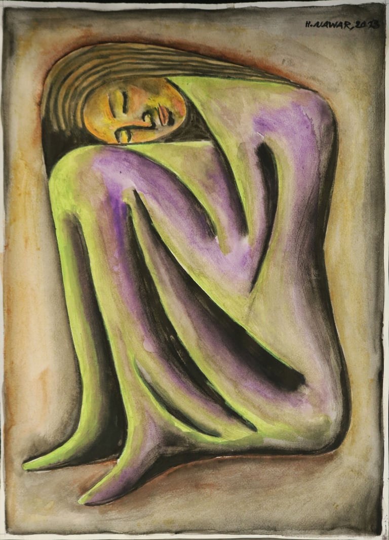 Sleeping in The Cold, Watercolour on paper, 35 x 50 cm.