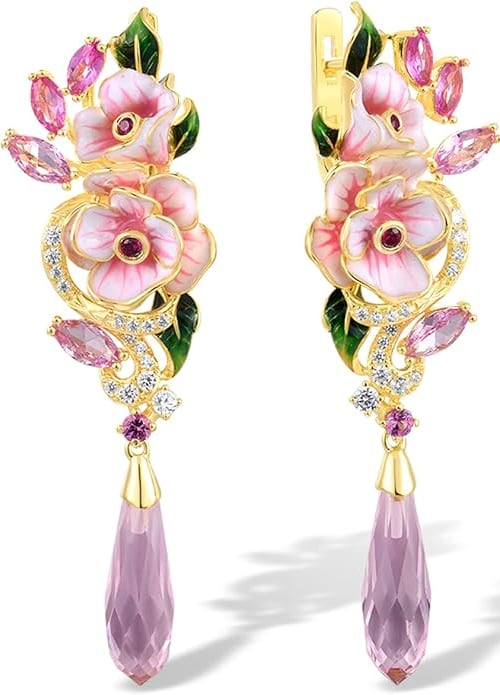 Prom Floral Accessories. Pink Flower Enamel CS Earrings