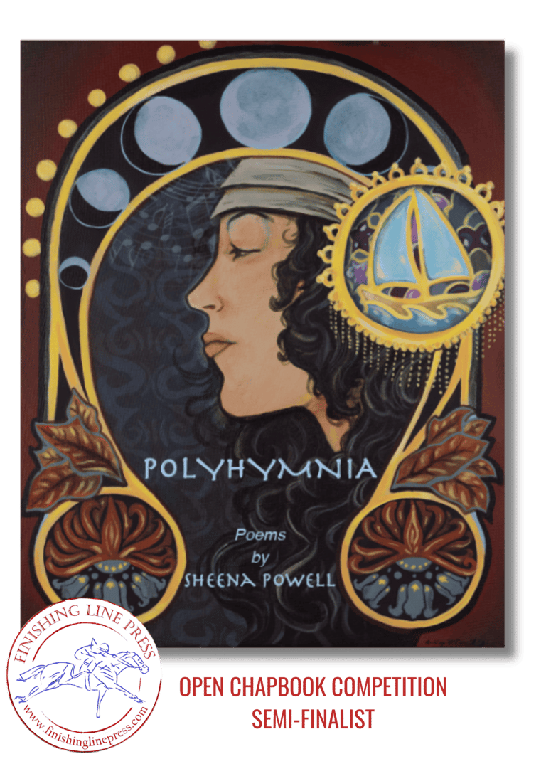 Cover of Polyhymnia, debut poetry collection by Sheena Powell, featuring an Art Nouveau-style illustration
