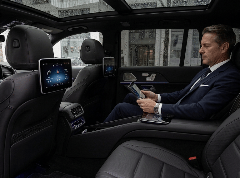 Businessman using a digital tablet in the luxury rear seat of a chauffeur-driven SUV.