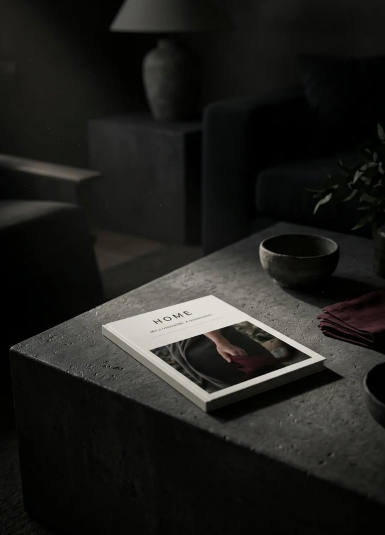 A minimalist Home magazine on a dark stone coffee table in a moody living room interior.