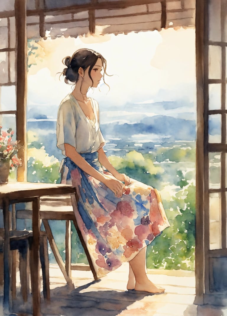 a japanese woman sitting on a table with a flowered skirt