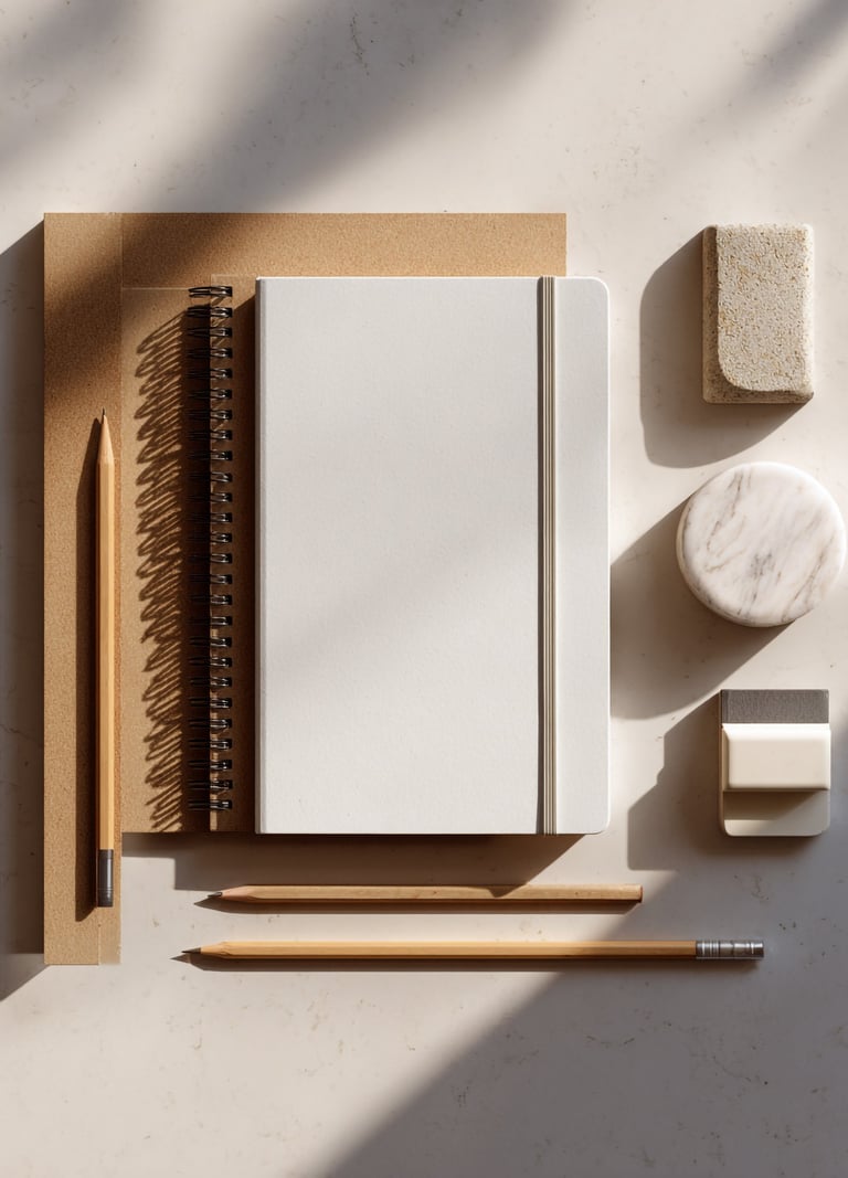 Clean flat lay of minimalist stationery including notebook pencil and eraser arranged symmetrically 