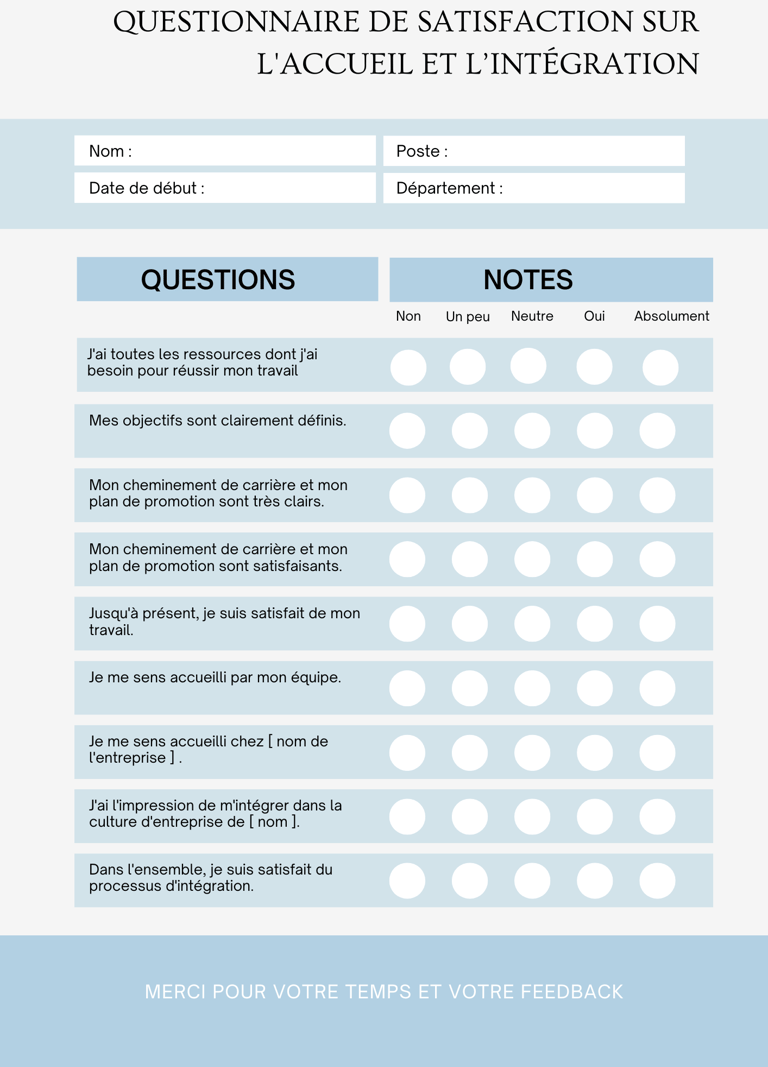 Exemple de questionnaire de satisfaction sur l'accueil et l’intégration