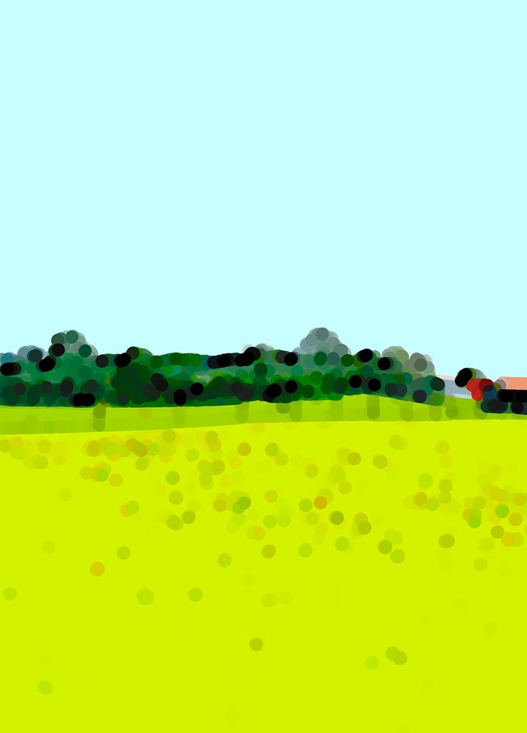 a field with a train on the tracks