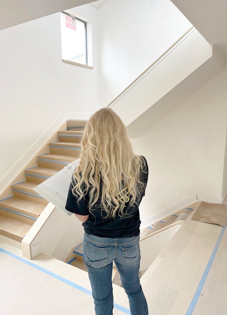 a woman standing in a room with a bookcase