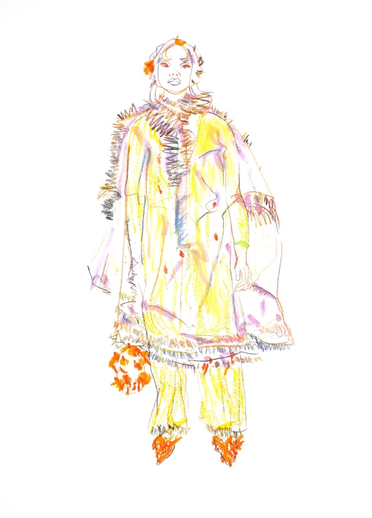 a drawing of a woman in a yellow coat