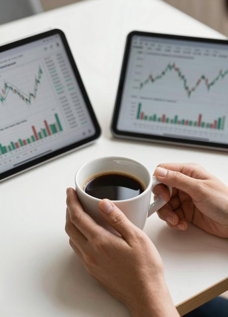 A close-up of hands holding a warm coffee mug next to a tablet screen displaying clear financial charts, bright natural daylight, clean modern table surface