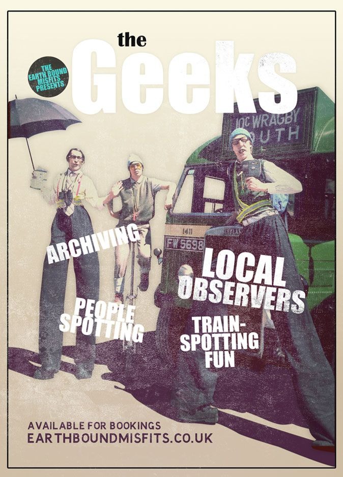 Vintage-style poster for The Geeks entertainers featuring eccentric characters on stilts by a green bus.