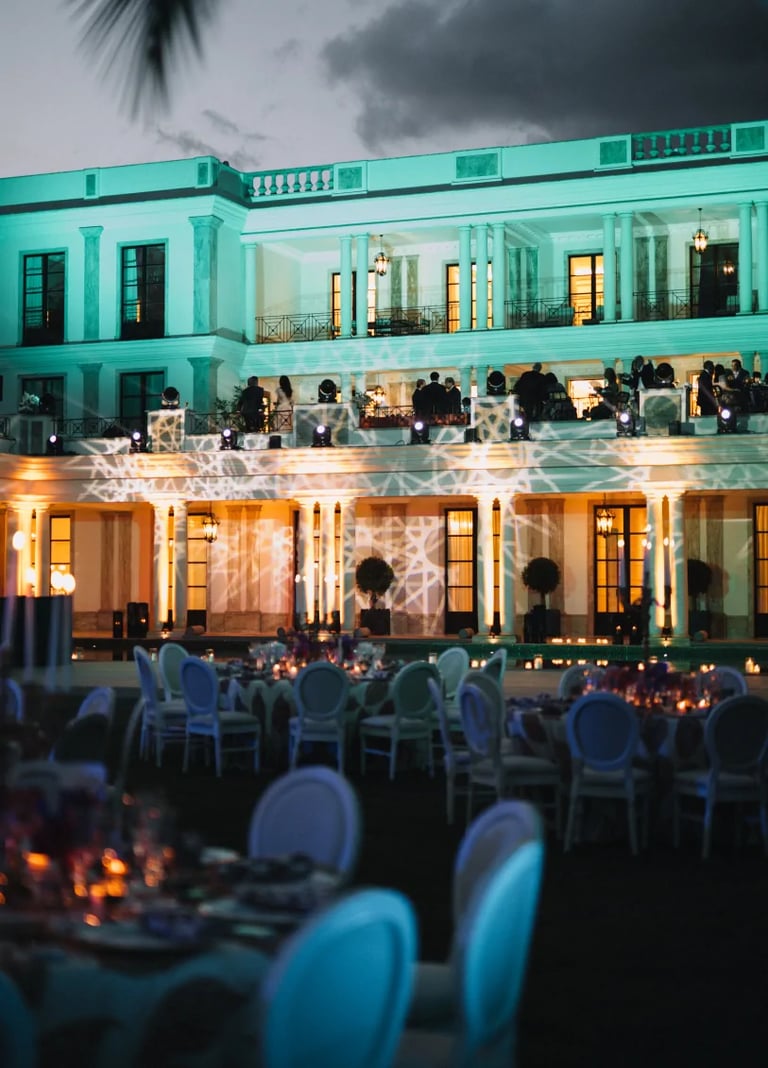 Evening reception in front of illuminated villa façade