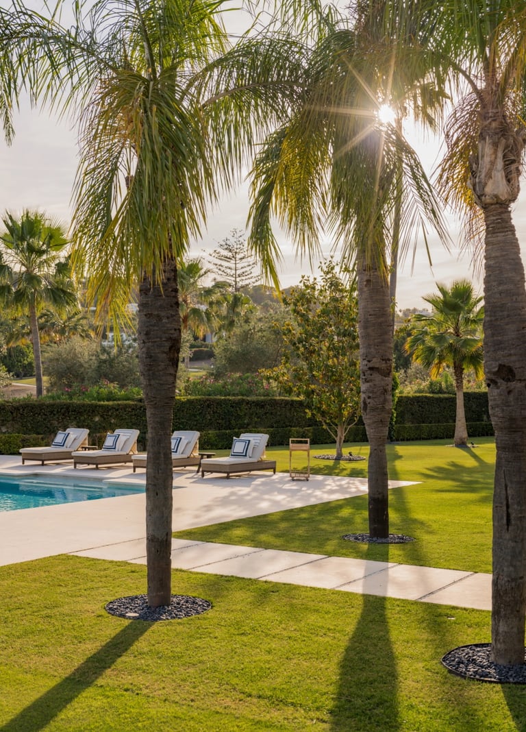 Palm trees and sunlit pool terrace at Villa El Olivo, Marbella