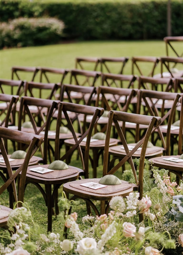 Wooden ceremony chairs with floral aisle details