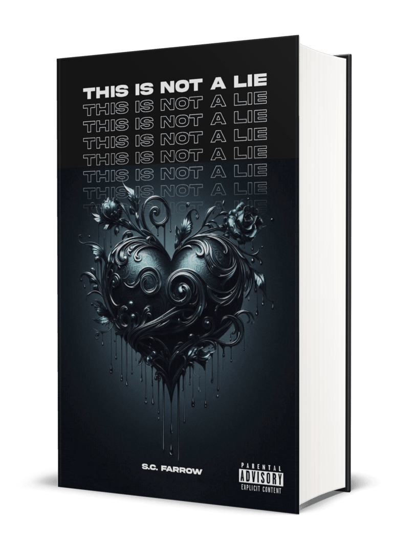 A black book cover featuring a black romantic heart entwined in roses and decorative flourishes