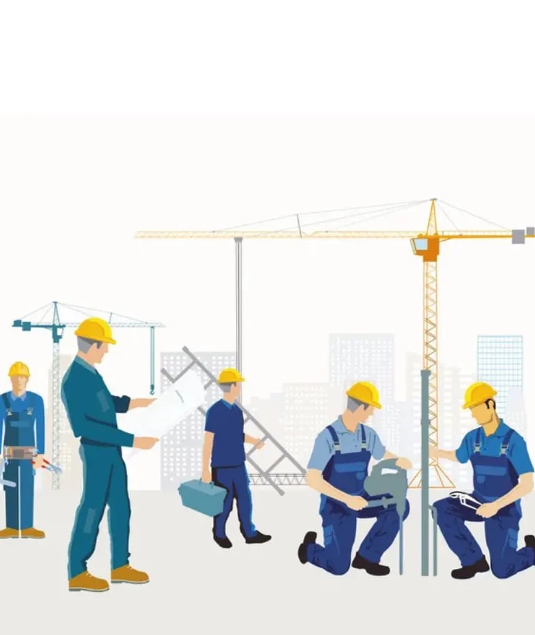 Illustration d’ouvriers du bâtiment travaillant sur un chantier avec grues et outils