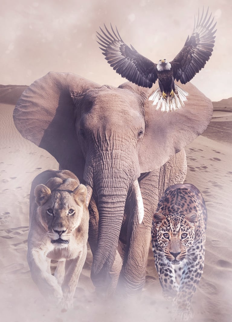 Majestic African wildlife featuring an elephant, lion, leopard, and bald eagle in a desert landscape.