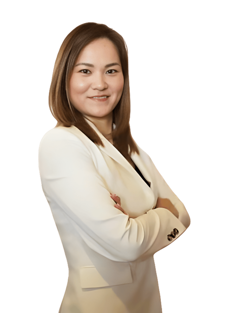 a Japanese woman in a white suit and a black tie