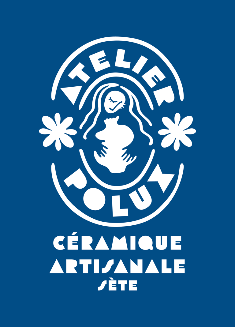 Logo of Atelier Polux. An illustration showing a lady with long hair holds a vase against her chest.