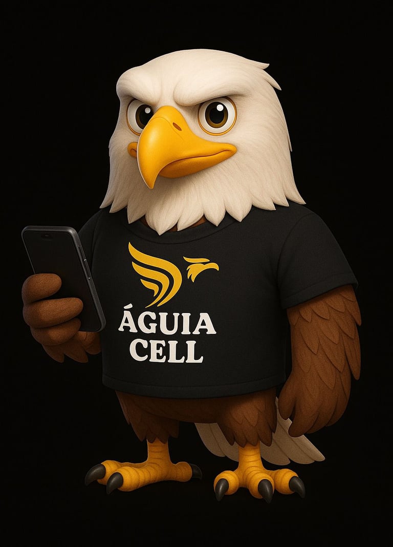 uma mascote águia americana segurando um telefone celular