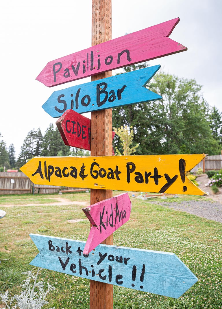 Colorful wooden directional farm signs for Pavilion, Silo Bar, and Alpaca & Goat Party.
