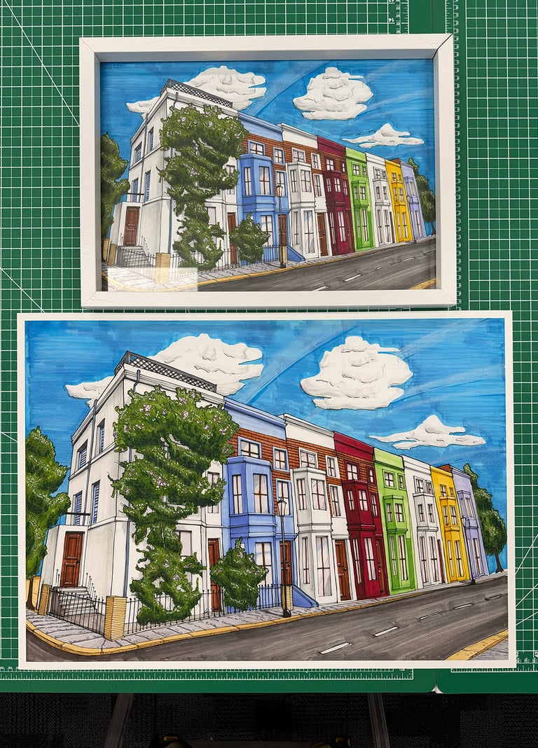 A colorful illustration of Notting Hill houses in London, featuring vibrant terraced homes and a blue sky.