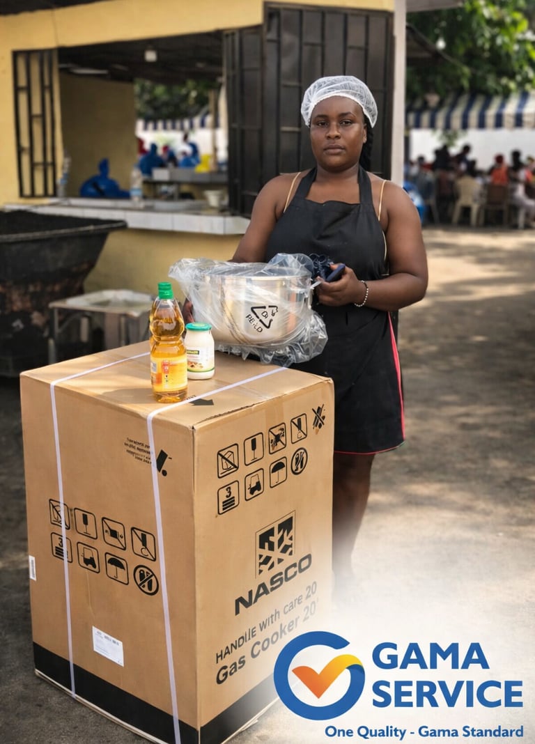 Une femme en tablier se tient debout avec une boîte de réchaud à gaz Nasco et des ustensiles de cuis