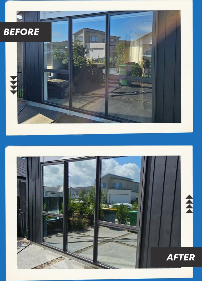 Before and after mirror window tinting showing a residential house glass door with increased privacy and reflection.