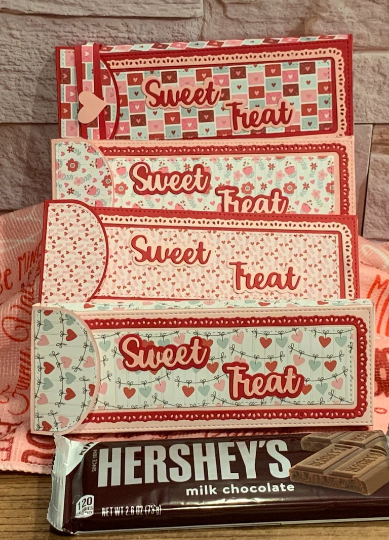 Valentine-themed chocolate bar holders made with Scrap Diva Designs dies