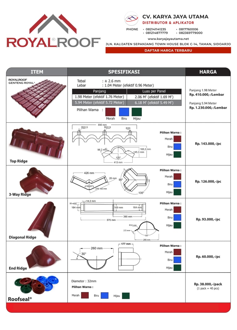 daftar harga genteng upvc royal roof