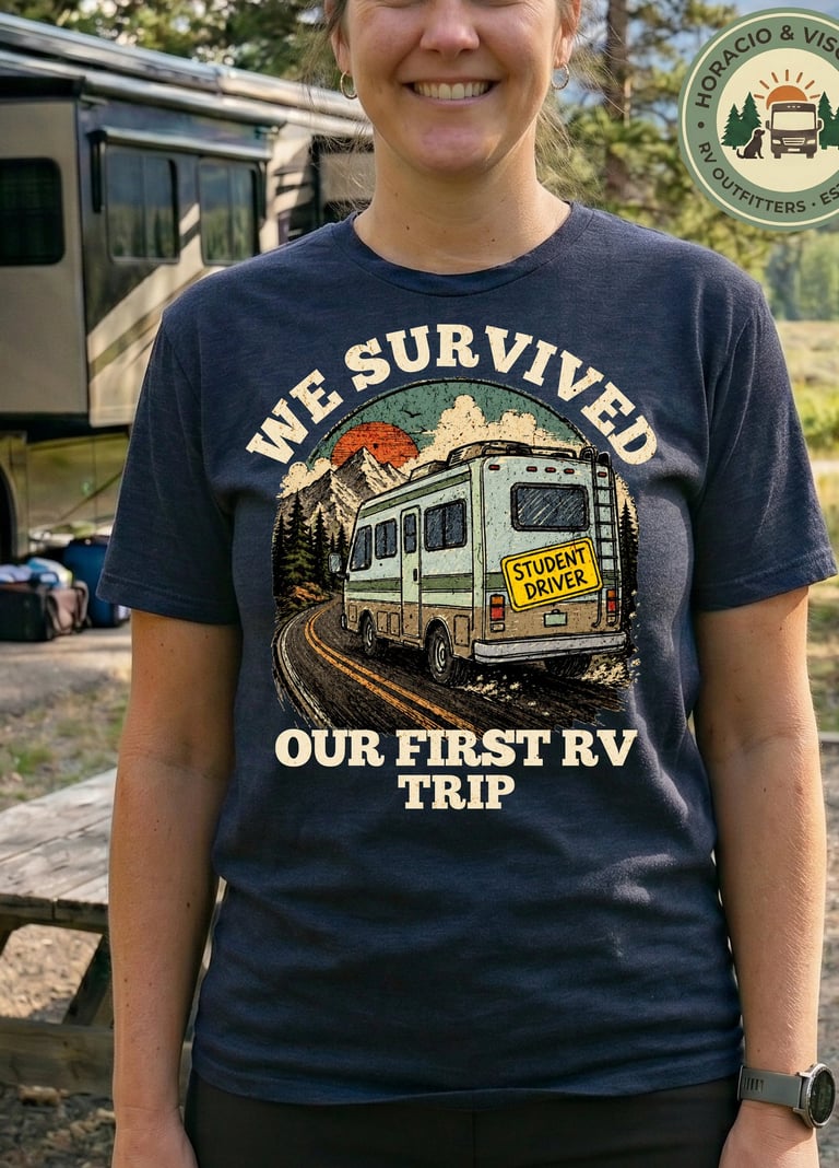 We Survived Our First RV Trip funny new RV owner shirt on Comfort Colors 1717 — Horacio & Visconti