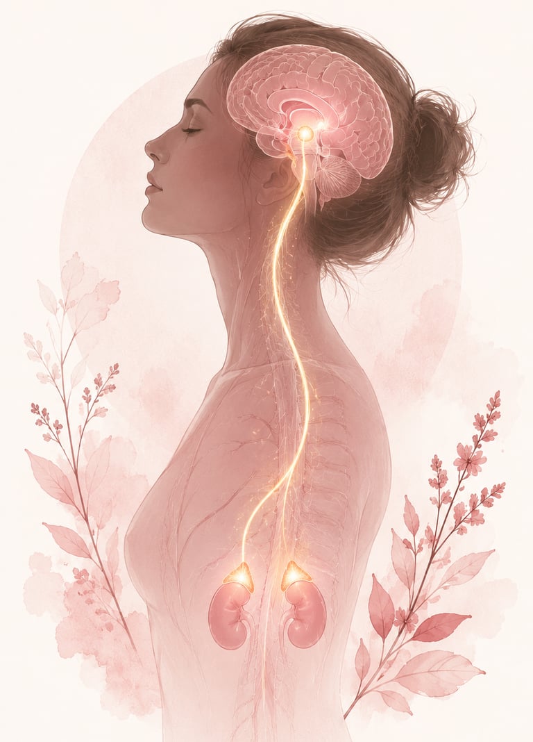 Ilustración minimalista del eje HPA y salud hormonal femenina en tonos rosa y nude.