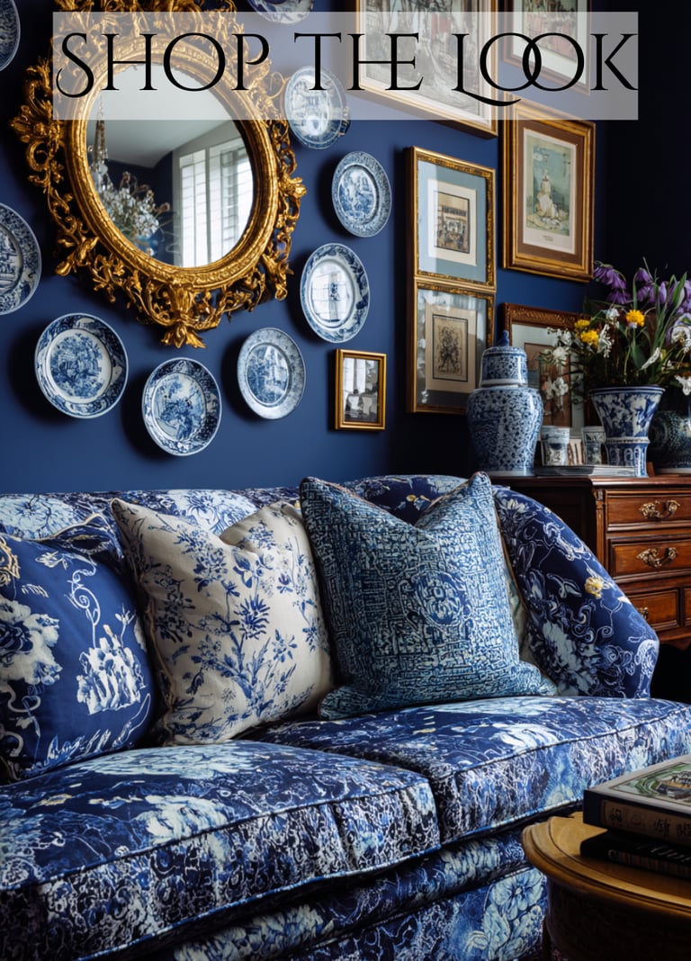 a blue couch with blue and white plates and a mirror