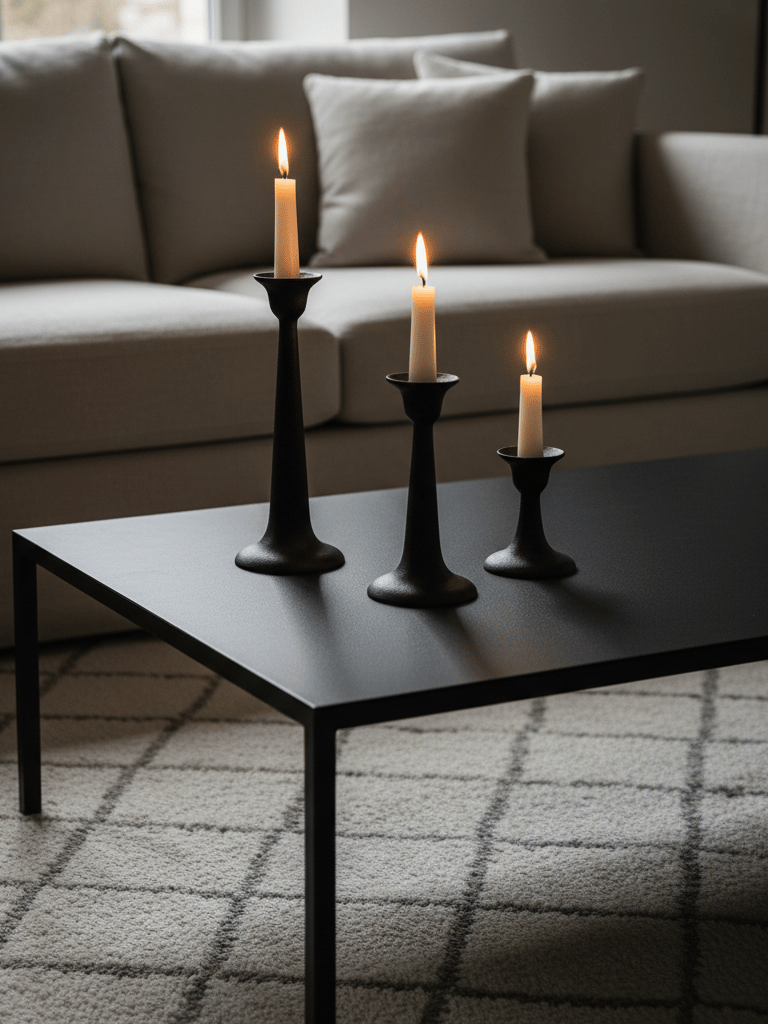 A stylish modern coffee table setup with three matte black cast iron tapered pillar candle holders o