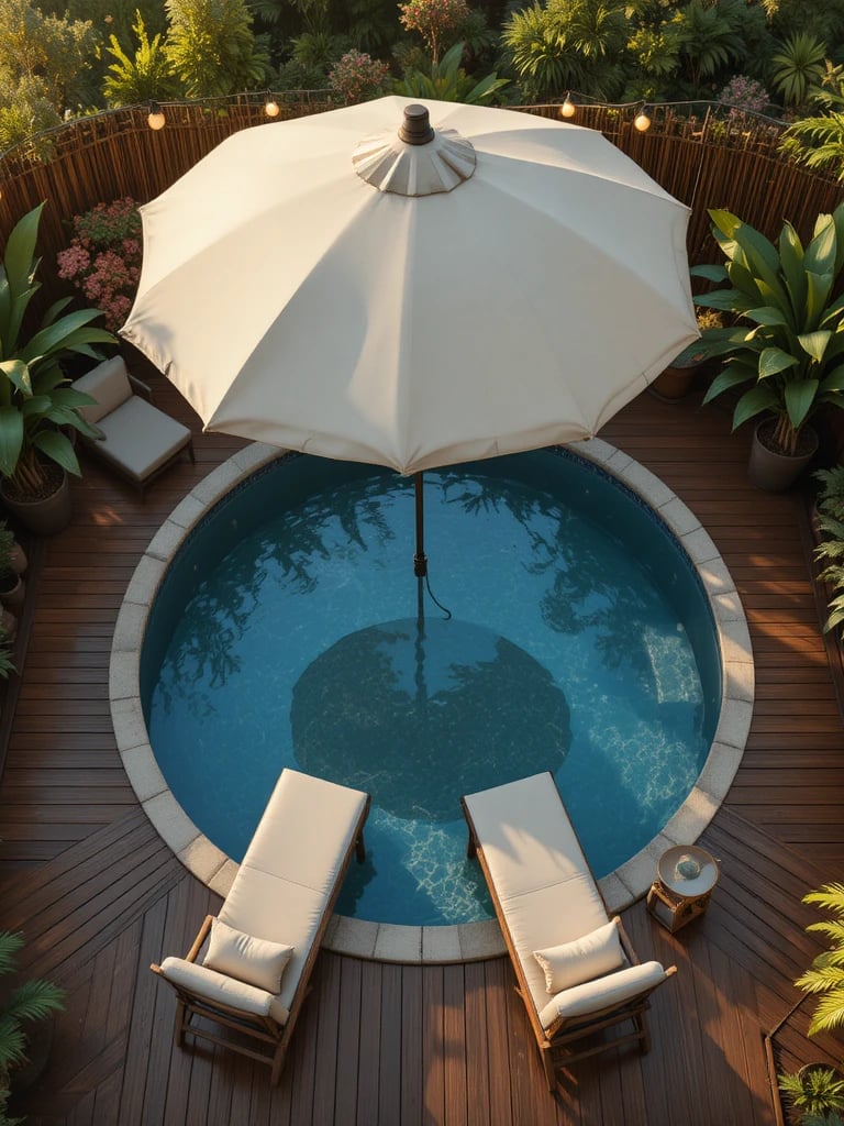 bove ground pool surrounded by a clean wood deck, bamboo privacy panels, string lights, lush potted 