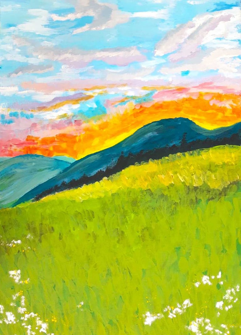 Eine sehr farbenfrohe Malerei eines Sonnenuntergangs über einer österreichischen Landschaft.