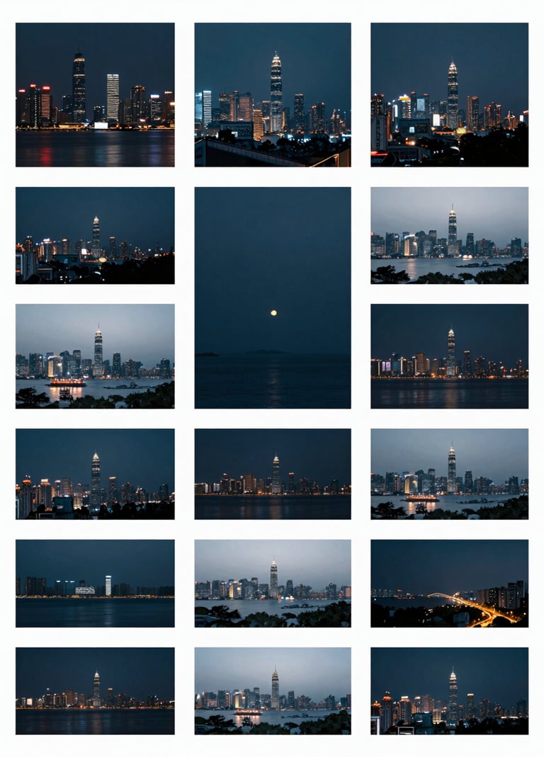 A collage of video stills from the project, showing diverse global cityscapes at night, toned in sophisticated deep ocean slate and bright mist white.