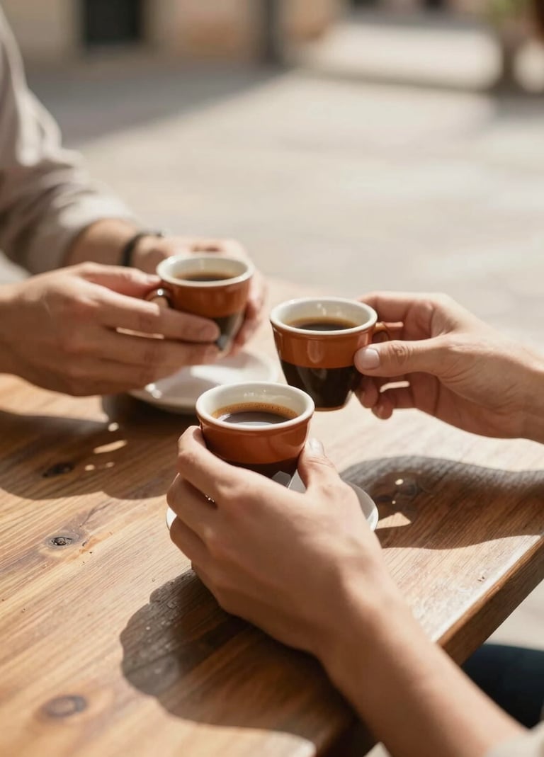 A close-up photograph of a couple's hands holding terracotta-colored espresso cups at an outdoor wooden table. Southern European / Italian setting with soft, warm afternoon sun casting long shadows. Lifestyle photography style, shallow depth of field, warm sand and earth tones.