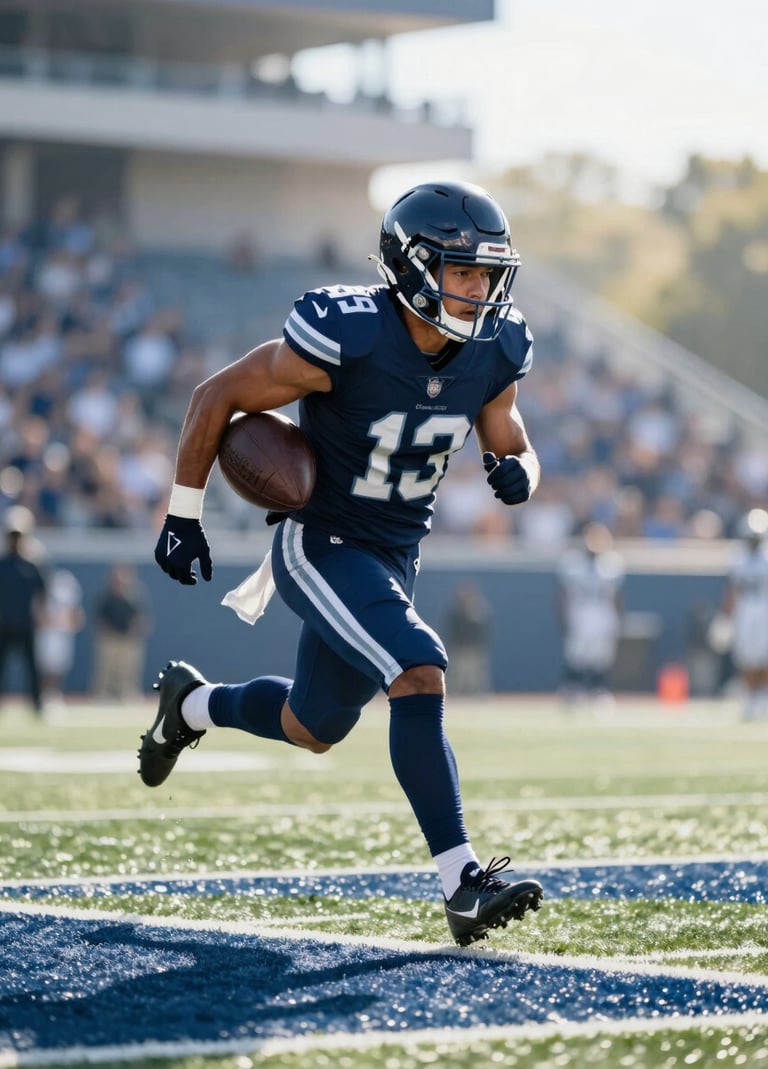 Dynamic high-action shot of a running back in a navy blue jersey (#1C2B3A) crossing the goal line. Sunlight flares, professional photography style, sharp focus on the athlete's determination. Palette includes #3A5A7A and #8FAEC0 tones.