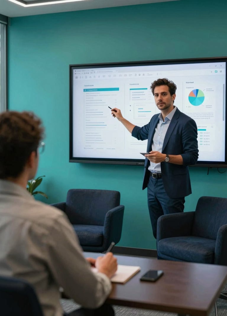 A candid photograph of a global digital professional presenting a project on a screen to a colleague. The setting is a sophisticated tech hub with bright teal accents and dark charcoal blue furniture.
