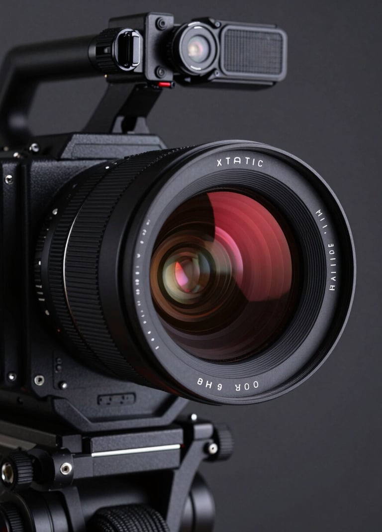 A close-up photograph of a professional cinema camera lens. The glass reflects a sharp deep red neon light against a dark grey studio background. High-end, technical, and moody lighting.