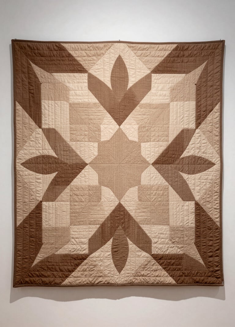 A vertical shot of the quilt hanging on a white gallery wall like a piece of fine art. The geometric patterns are clearly visible, creating a sophisticated floral-like bloom in shades of soft sand and espresso. Shadow-play from the textured surface adds a sense of three-dimensional depth.